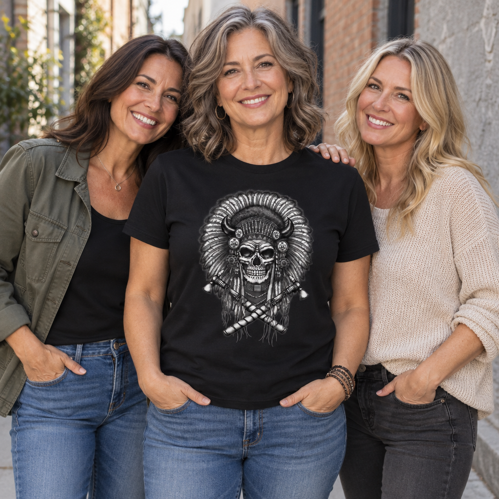 Feathered Skull and Crossed Bones — Black T-Shirt — lifestyle group
