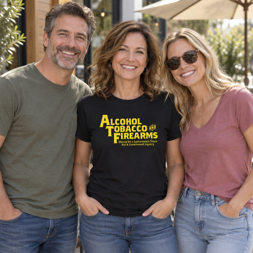 Alcohol Tobacco and Firearms Convenience Store — Black T-Shirt — lifestyle group