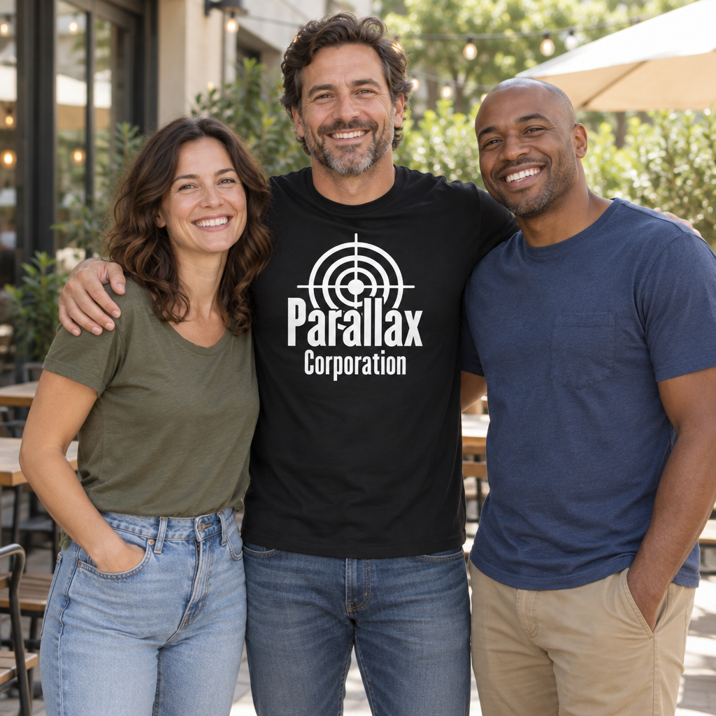 Parallax Corporation — Black T-Shirt — lifestyle group
