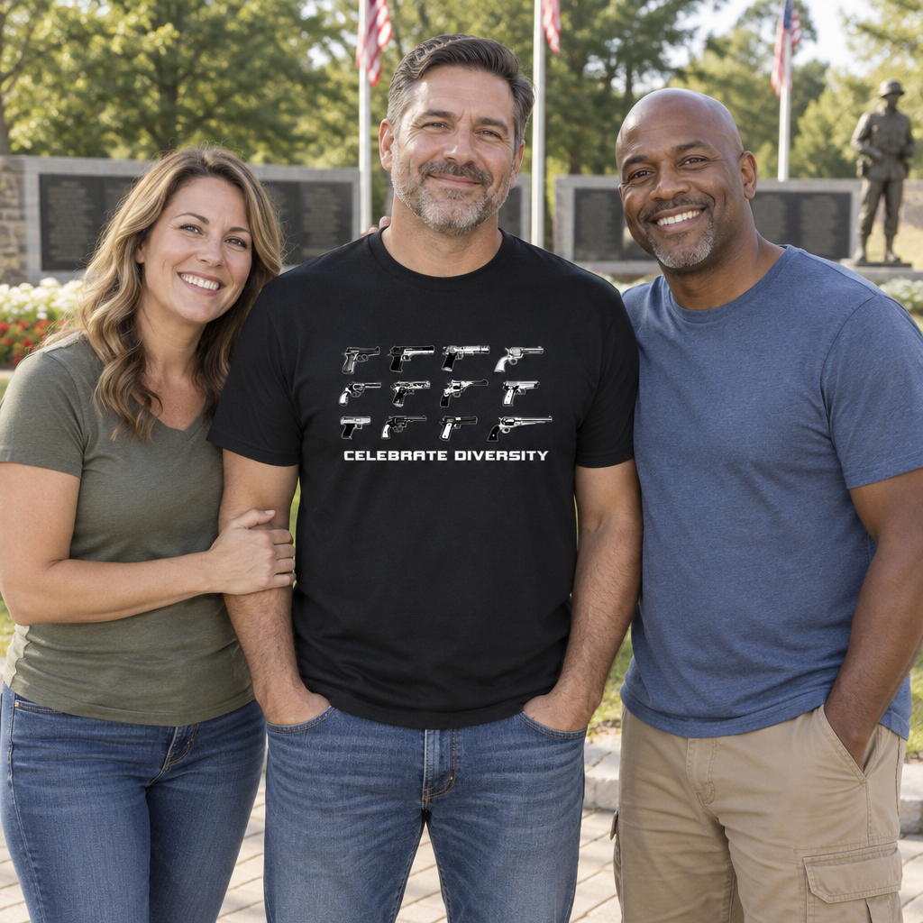 Celebrate Diversity Pistols — Black T-Shirt — lifestyle group