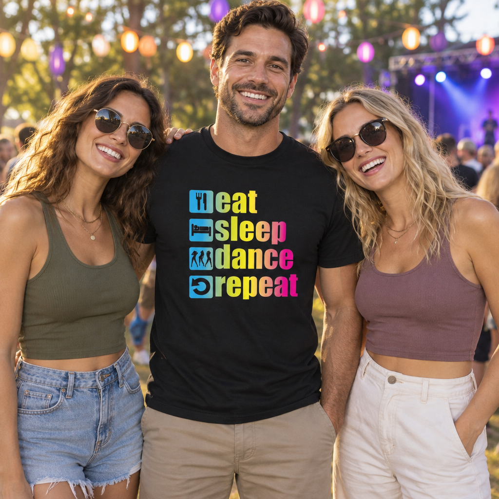 Eat Sleep Dance Repeat — Black T-Shirt — lifestyle group