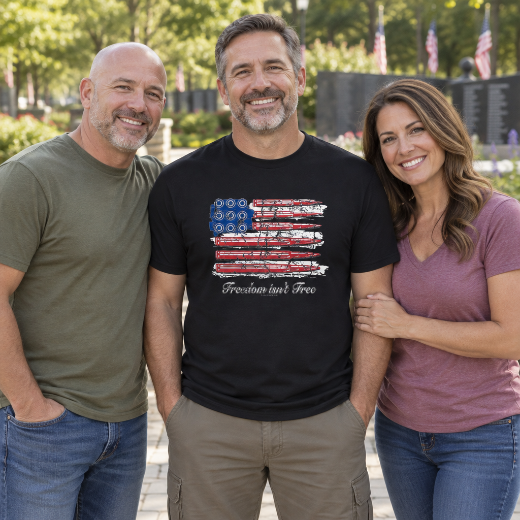 Freedom Isn't Free Flag — Black T-Shirt — lifestyle group