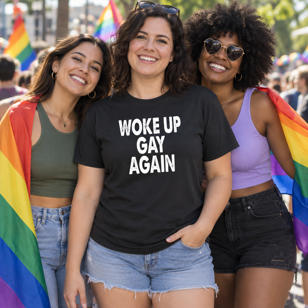 Woke Up Gay Again — Black T-Shirt — lifestyle group