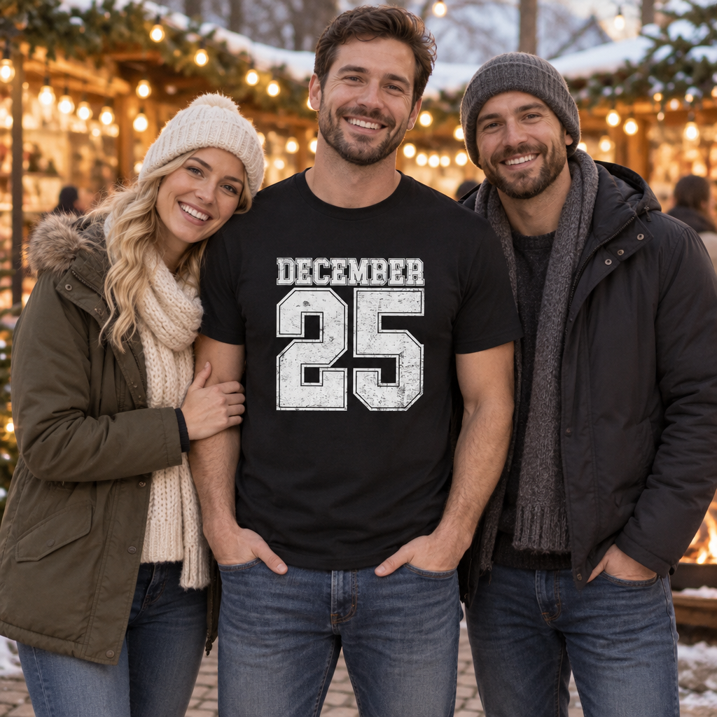 December 25 White Jersey — Black T-Shirt — lifestyle group