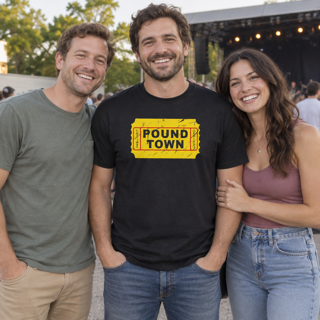 Funny Graphic Tee for Men and Women One Way Ticket to Pound Town — Black T-Shirt — lifestyle group