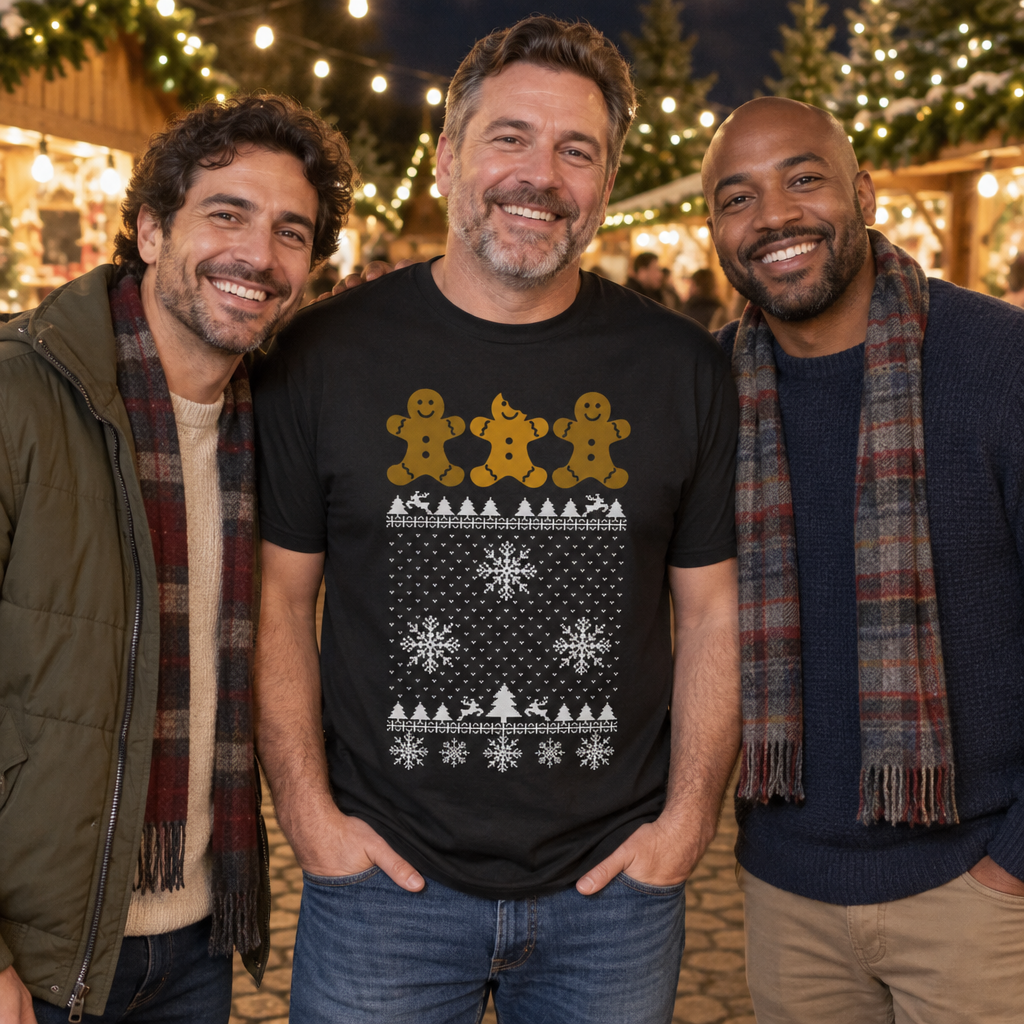 Broken Gingerbread Man Funny Ugly Christmas Sweater Design — Black T-Shirt — lifestyle group