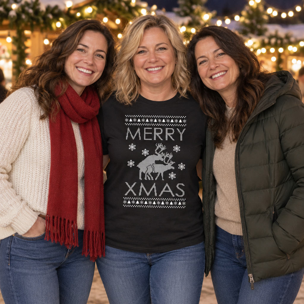 Hilarious Humping Reindeer Ugly Christmas Design — Black T-Shirt — lifestyle group