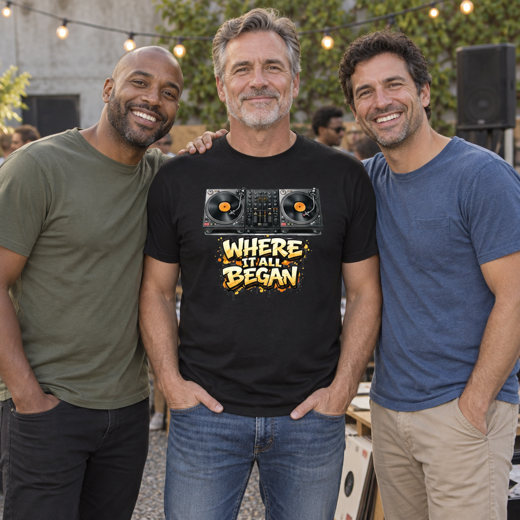 Where It All Began Turntables — Black T-Shirt — lifestyle group