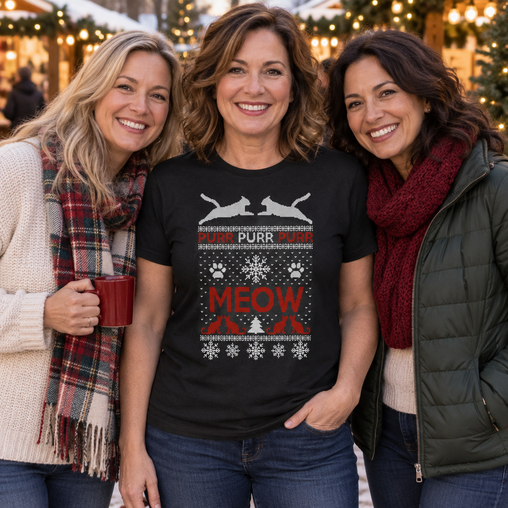 Cats Meow and Purr Ugly Christmas Sweater Design — Black T-Shirt — lifestyle group