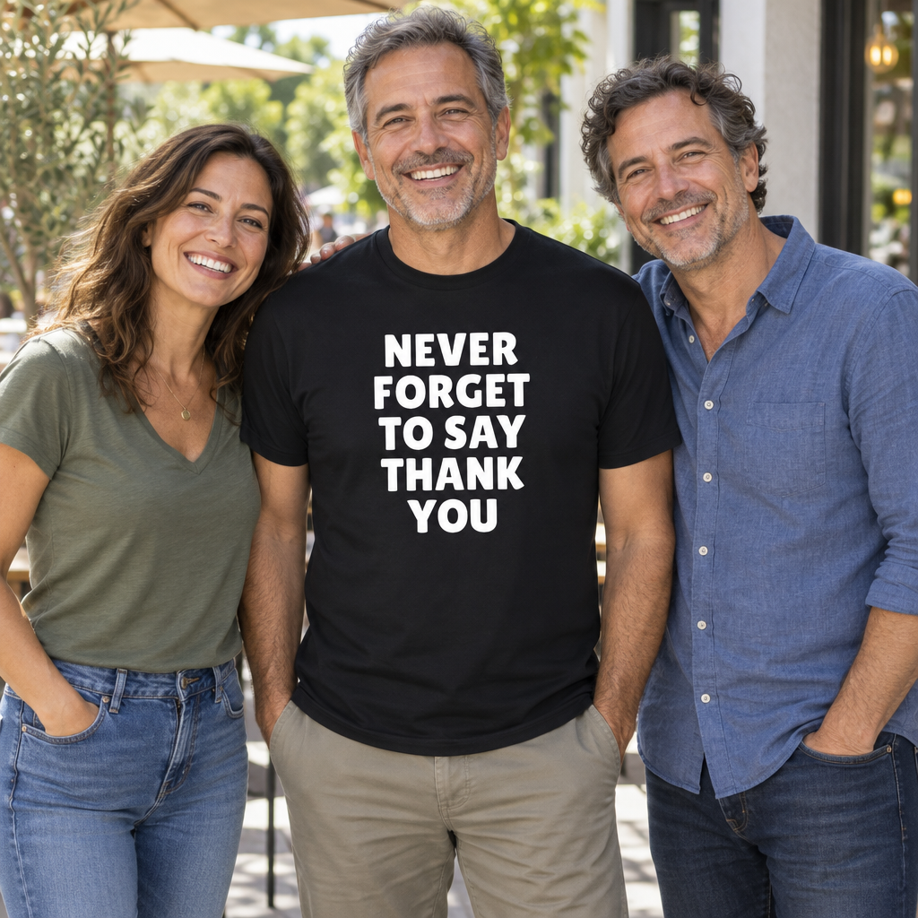 Never Forget to Say Thank You — Black T-Shirt — lifestyle group