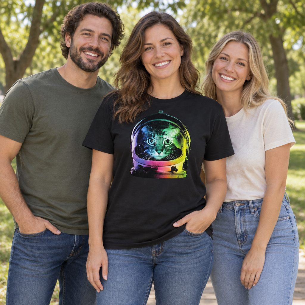 Neon Space Cat — Black T-Shirt — lifestyle group
