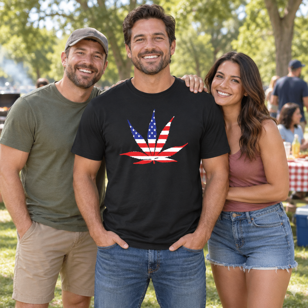 American Flag Cannabis Leaf — Black T-Shirt — lifestyle group