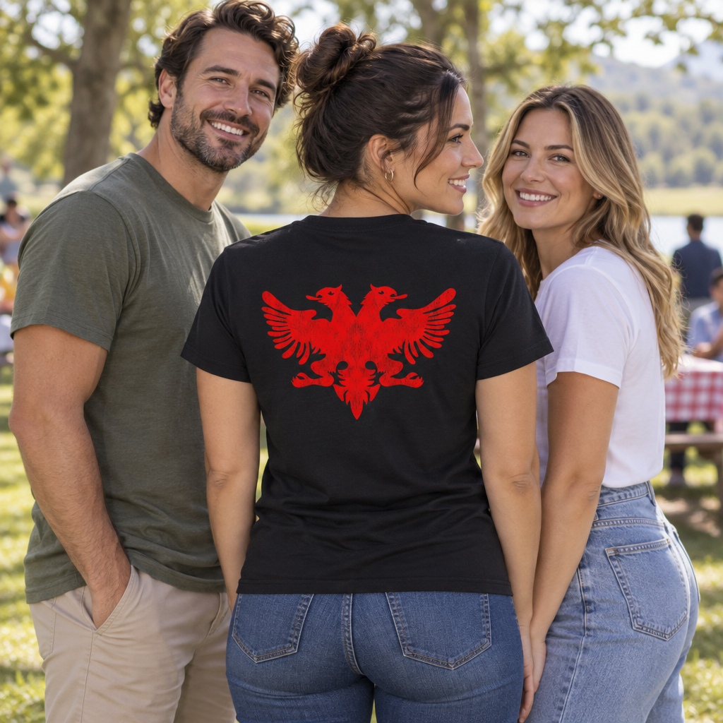 Albanian Double Headed Eagle — Black T-Shirt — lifestyle group