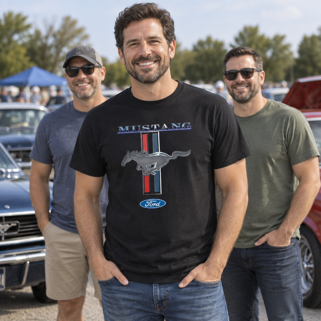 Ford Mustang Pony Stripe — Black T-Shirt — lifestyle group