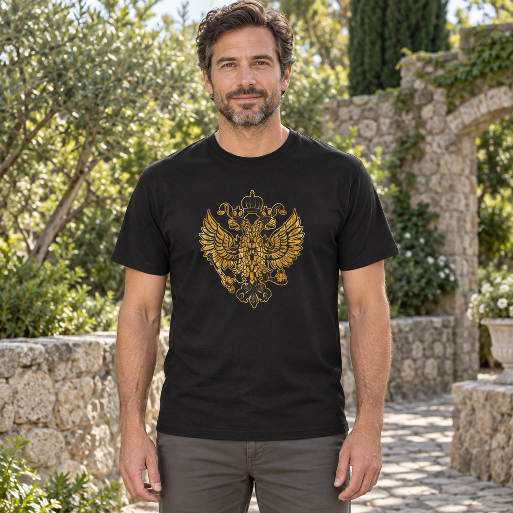 Golden Double-Headed Eagle — Black T-Shirt — lifestyle hero