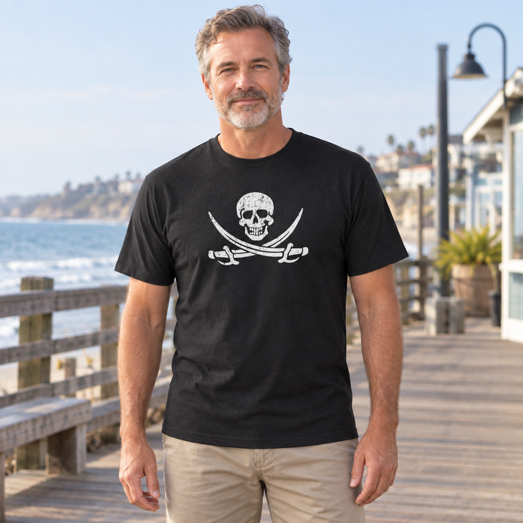 Pirate Skull and Swords — Black T-Shirt — lifestyle hero