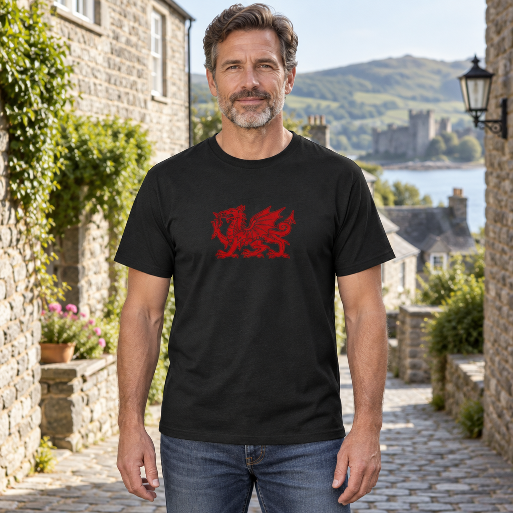 Red Welsh Dragon — Black T-Shirt — lifestyle hero