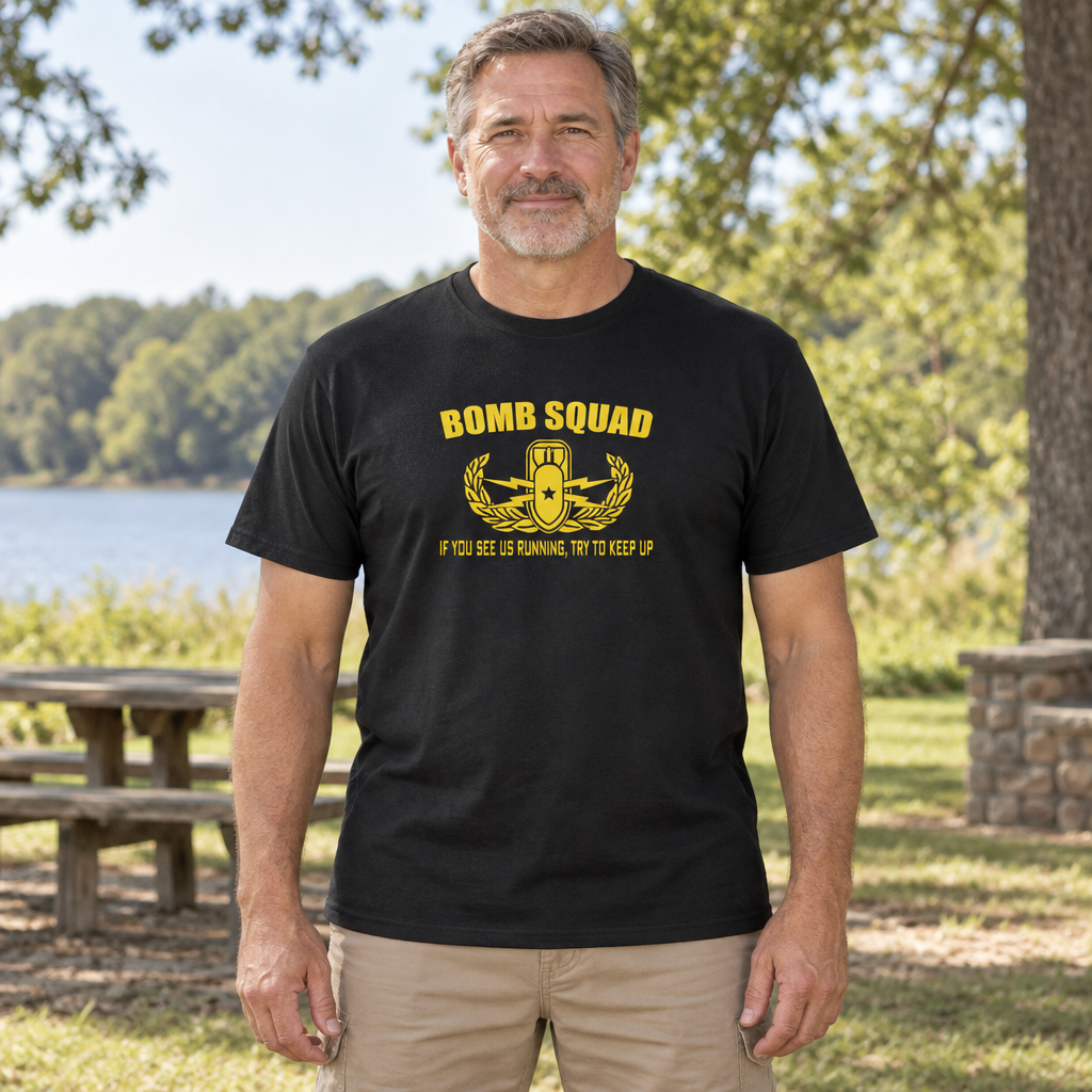 Bomb Squad Running Joke — Black T-Shirt — lifestyle hero