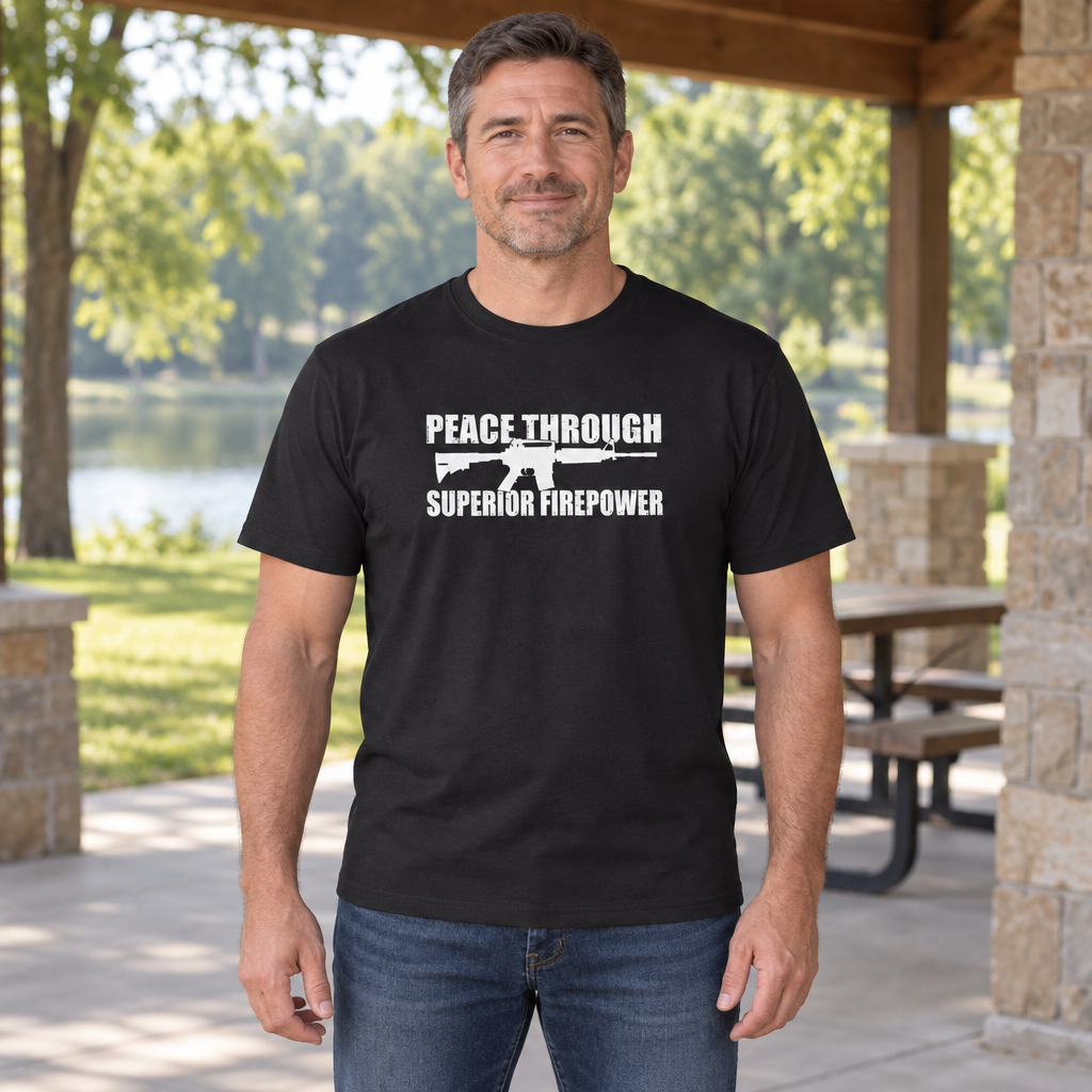 Peace Through Superior Firepower — Black T-Shirt — lifestyle hero
