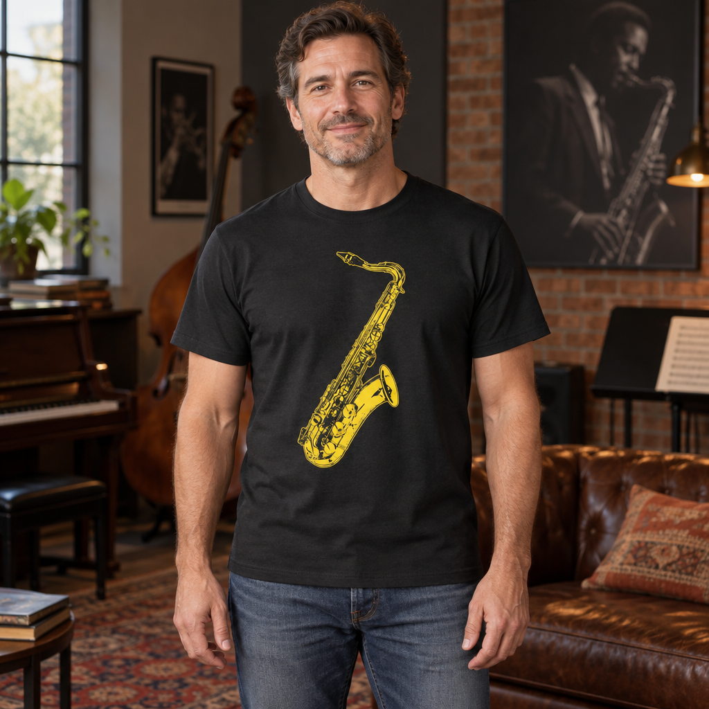 Golden Saxophone — Black T-Shirt — lifestyle hero