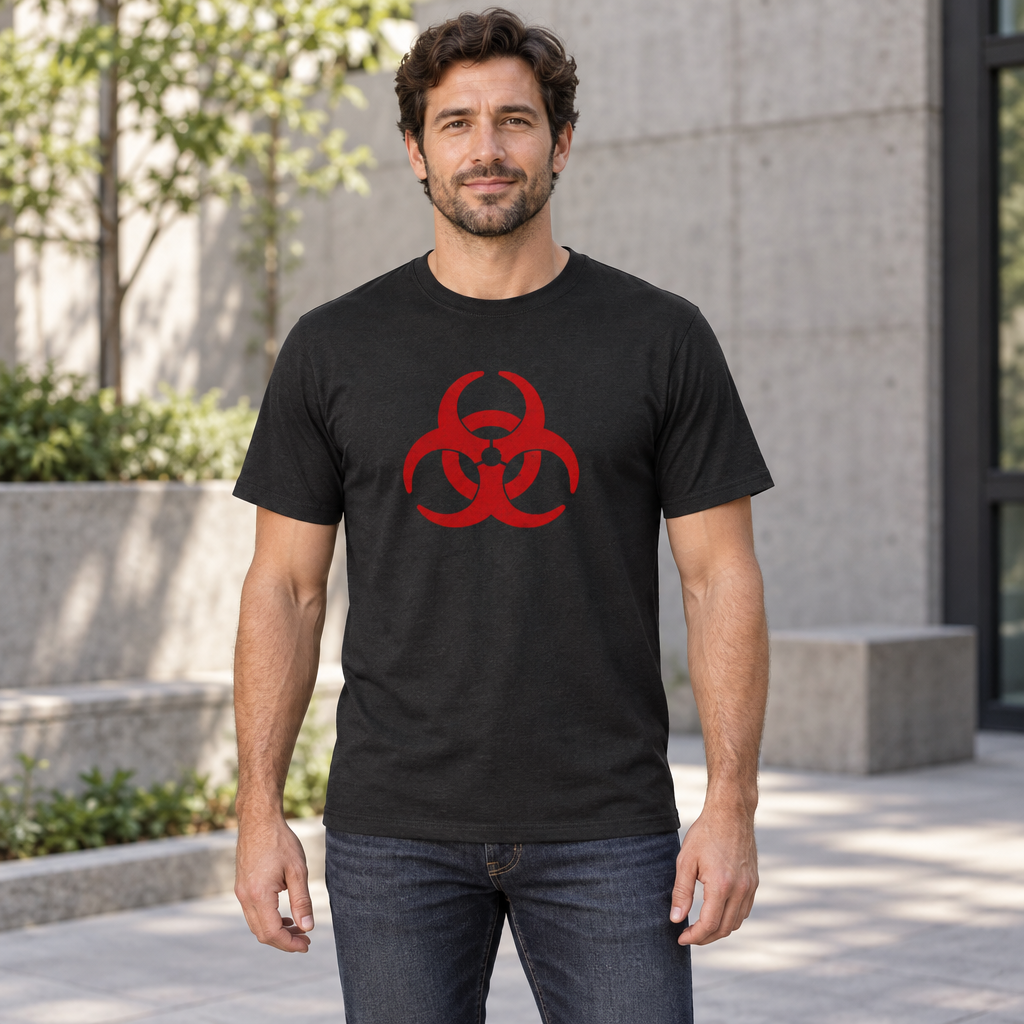 Red Biohazard Symbol — Black T-Shirt — lifestyle hero