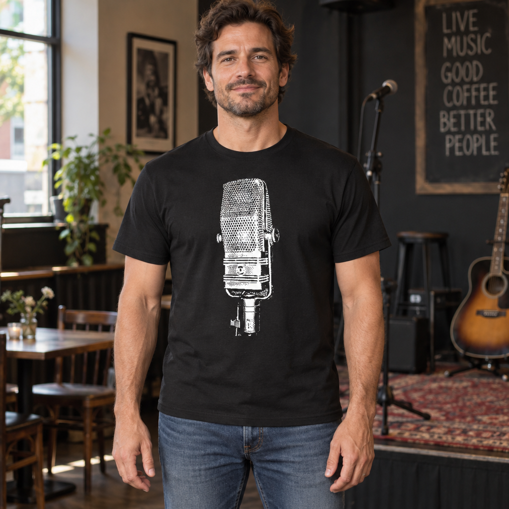 Vintage Microphone — Black T-Shirt — lifestyle hero