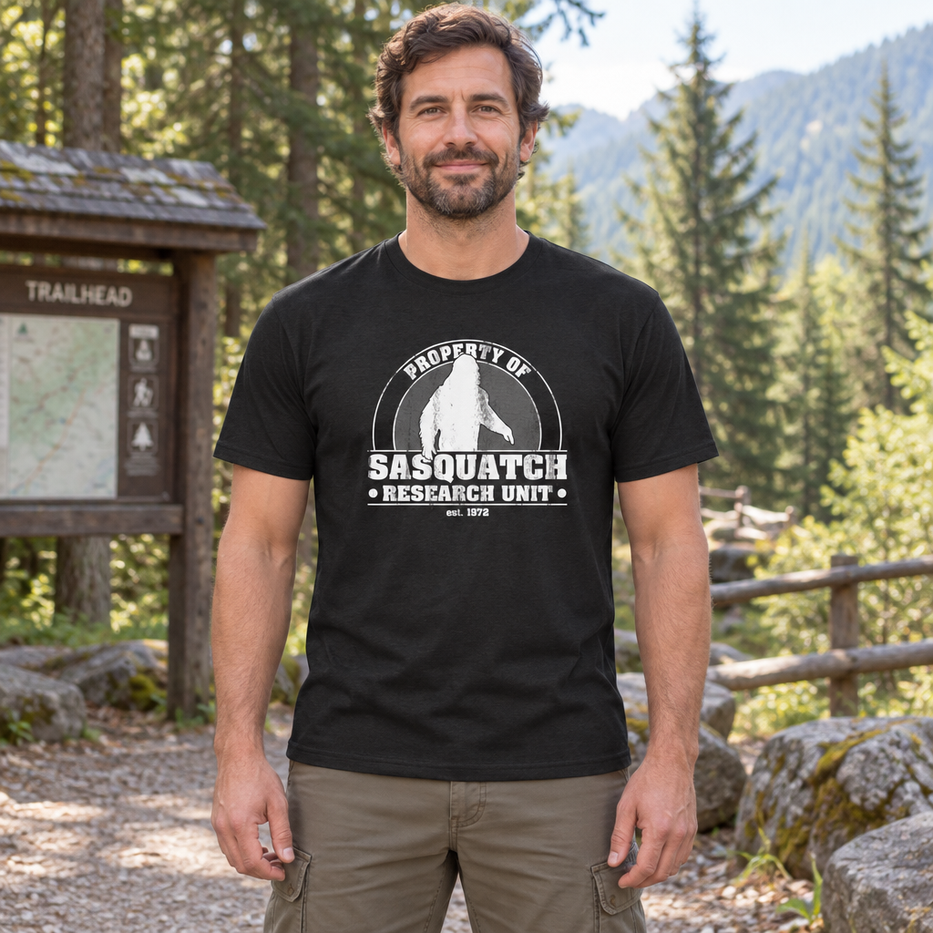 Sasquatch Research Unit — Black T-Shirt — lifestyle hero