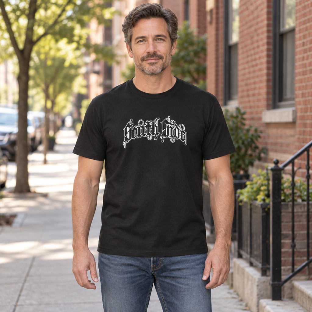 South Side Lettering — Black T-Shirt — lifestyle hero