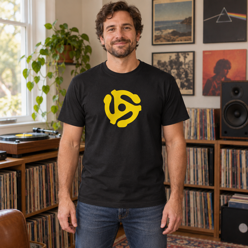 45 RPM Record Adapter — Black T-Shirt — lifestyle hero