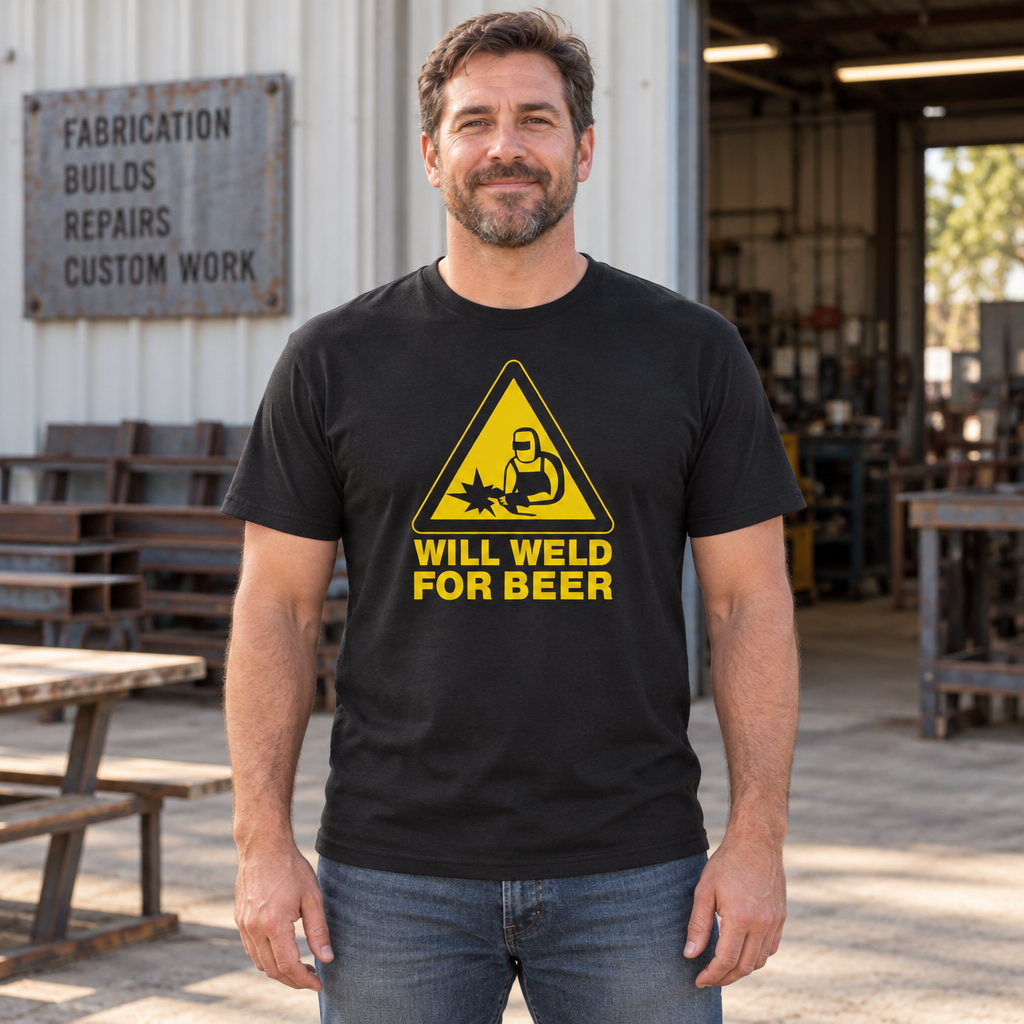 Will Weld for Beer — Black T-Shirt — lifestyle hero