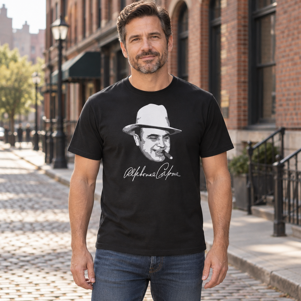 Alphonse Capone Portrait and Signature — Black T-Shirt — lifestyle hero