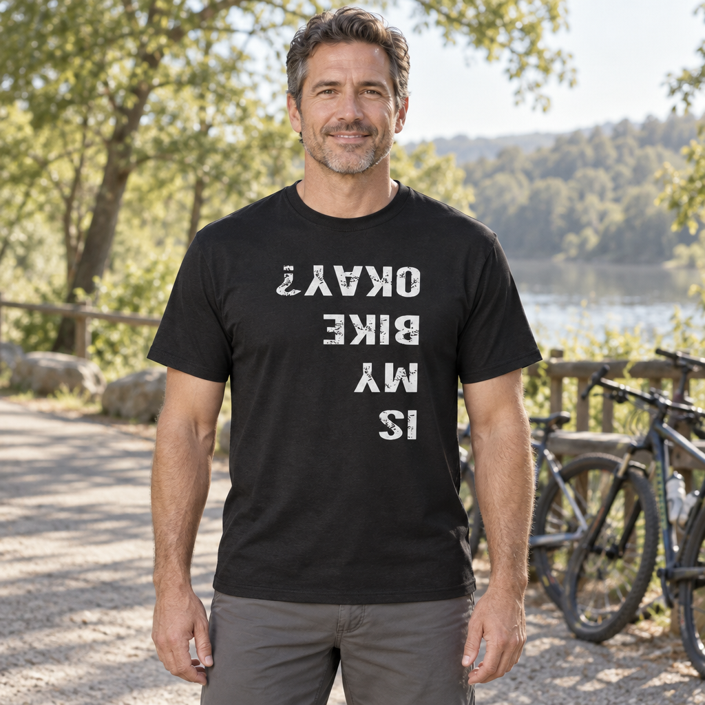 Is My Bike Okay Upside-Down — Black T-Shirt — lifestyle hero