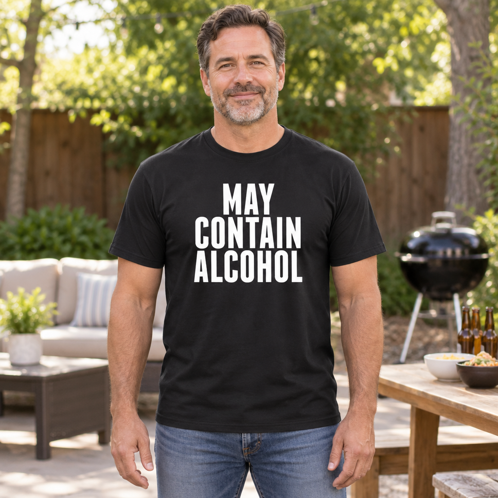 May Contain Alcohol — Black T-Shirt — lifestyle hero