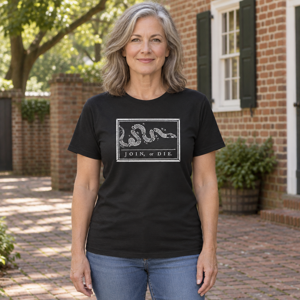 Join or Die Segmented Snake — Black T-Shirt — lifestyle hero