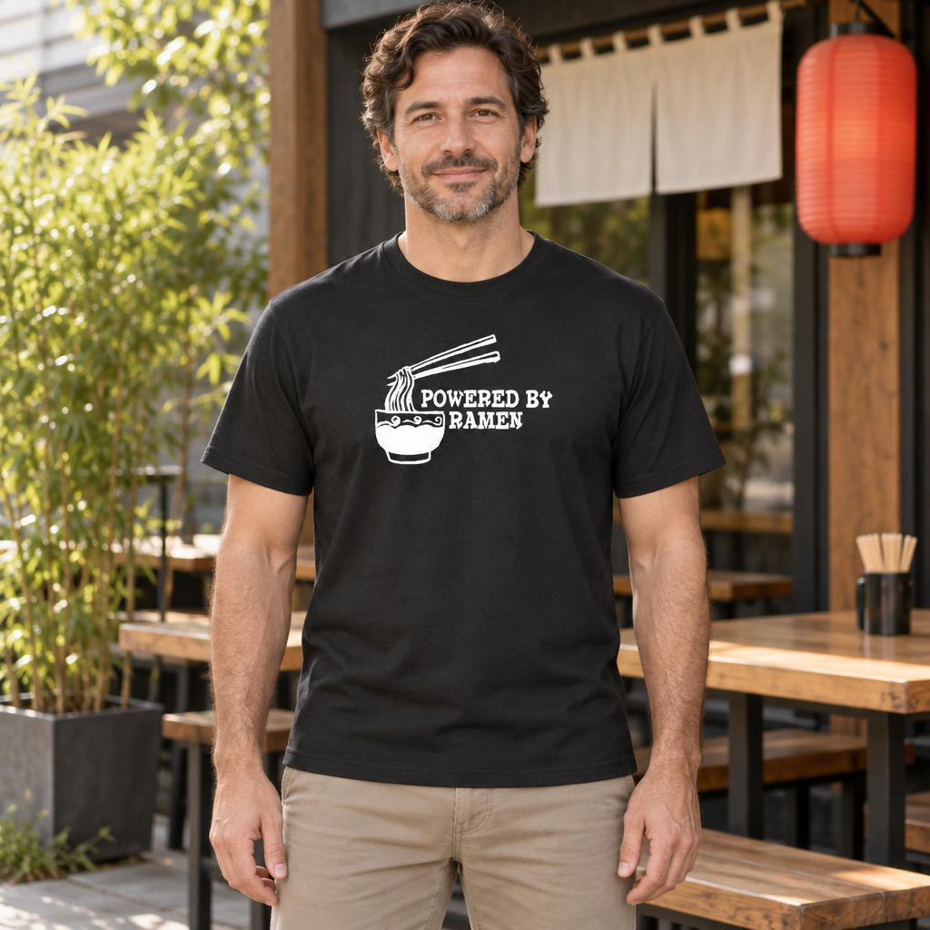 Powered by Ramen — Black T-Shirt — lifestyle hero