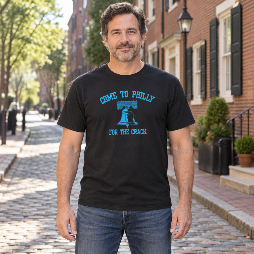 Come to Philly for the Crack — Black T-Shirt — lifestyle hero