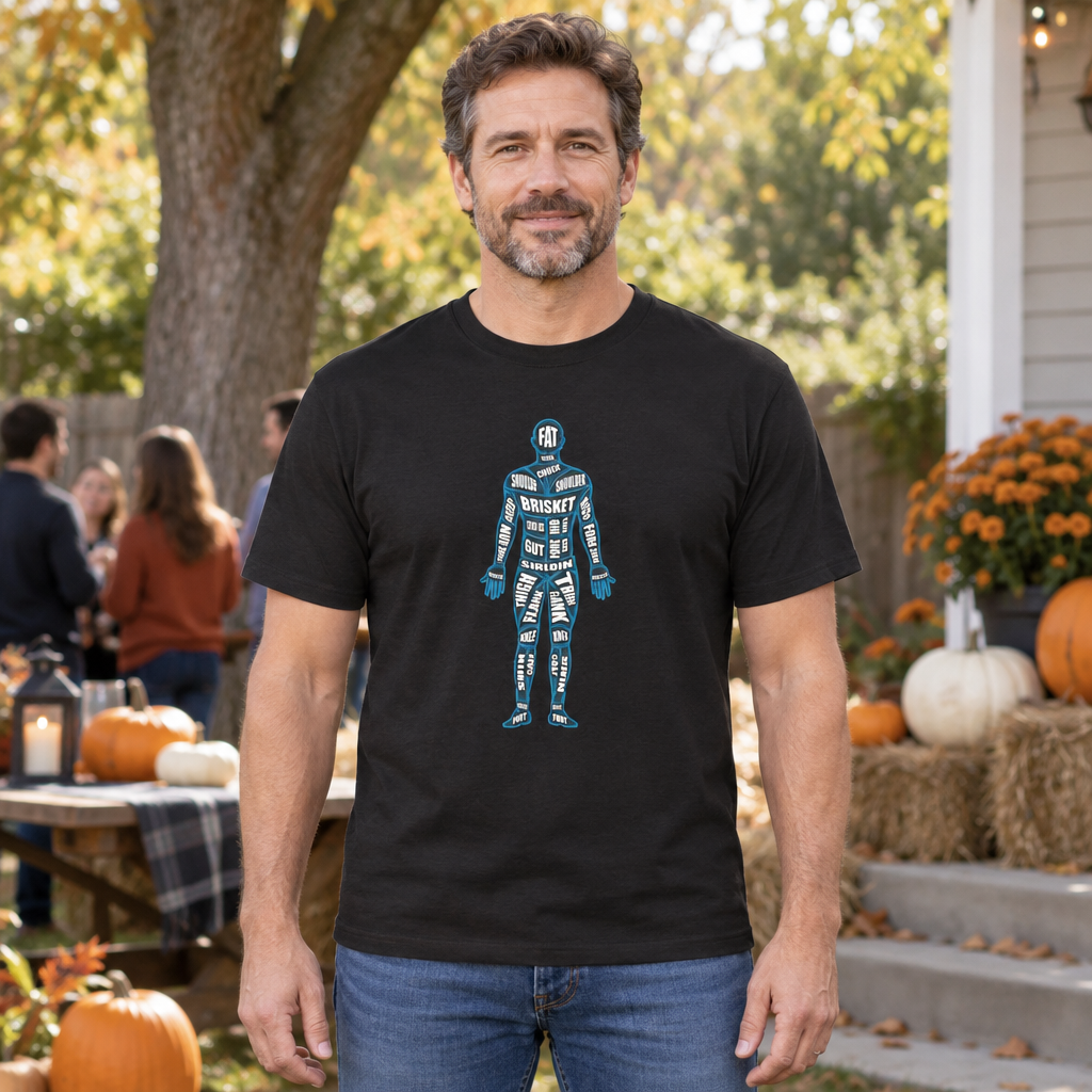 Human Butcher Chart — Black T-Shirt — lifestyle hero