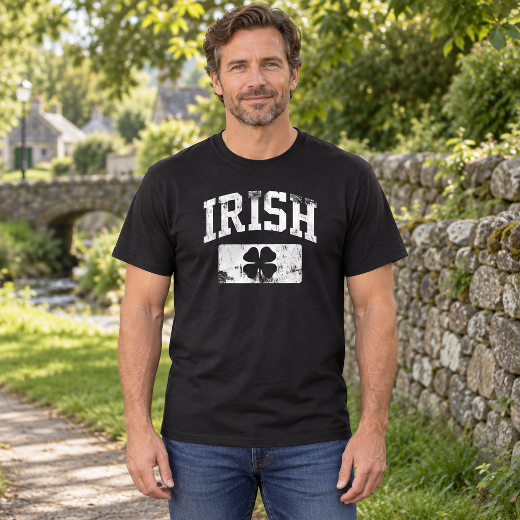 Irish Shamrock Distressed White — Black T-Shirt — lifestyle hero
