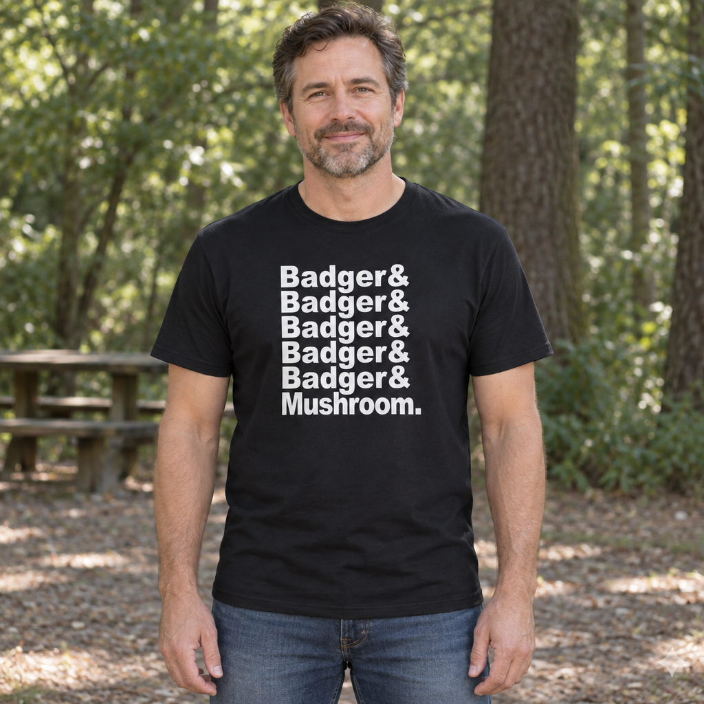 Badger Badger Mushroom — Black T-Shirt — lifestyle hero