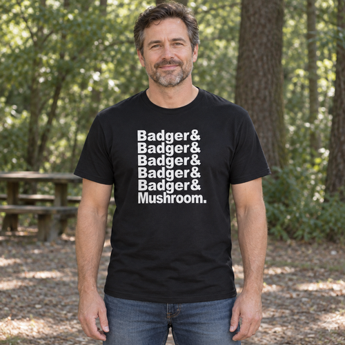 Badger Badger Mushroom — Black T-Shirt — lifestyle hero