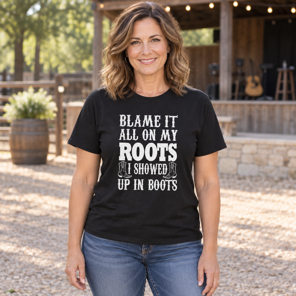 Blame It on My Roots, Showed Up in Boots — Black T-Shirt — lifestyle hero