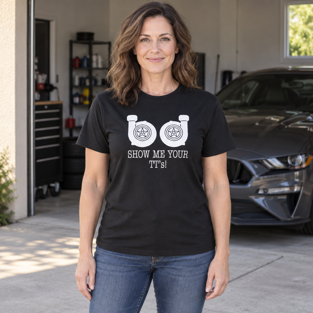 Show Me Your Twin Turbos — Black T-Shirt — lifestyle hero