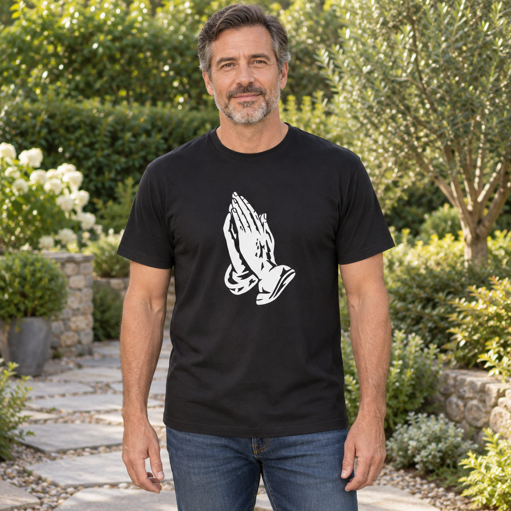 Praying Hands — Black T-Shirt — lifestyle hero