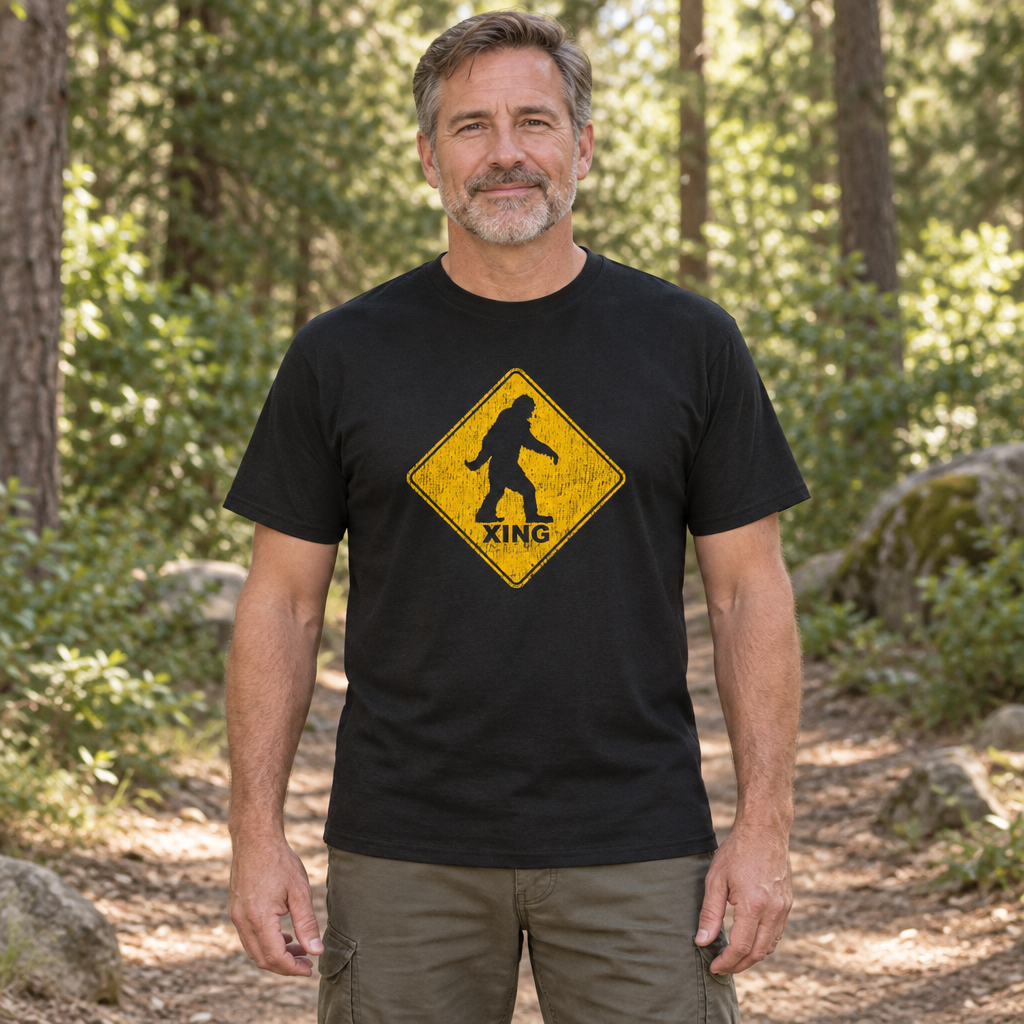 Bigfoot Crossing — Black T-Shirt — lifestyle hero