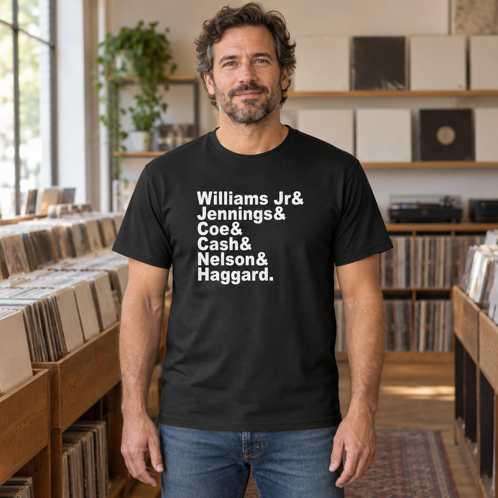 Outlaw Country Names — Black T-Shirt — lifestyle hero