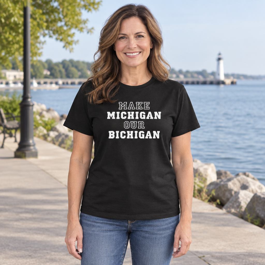 Make Michigan Our Bichigan — Black T-Shirt — lifestyle hero