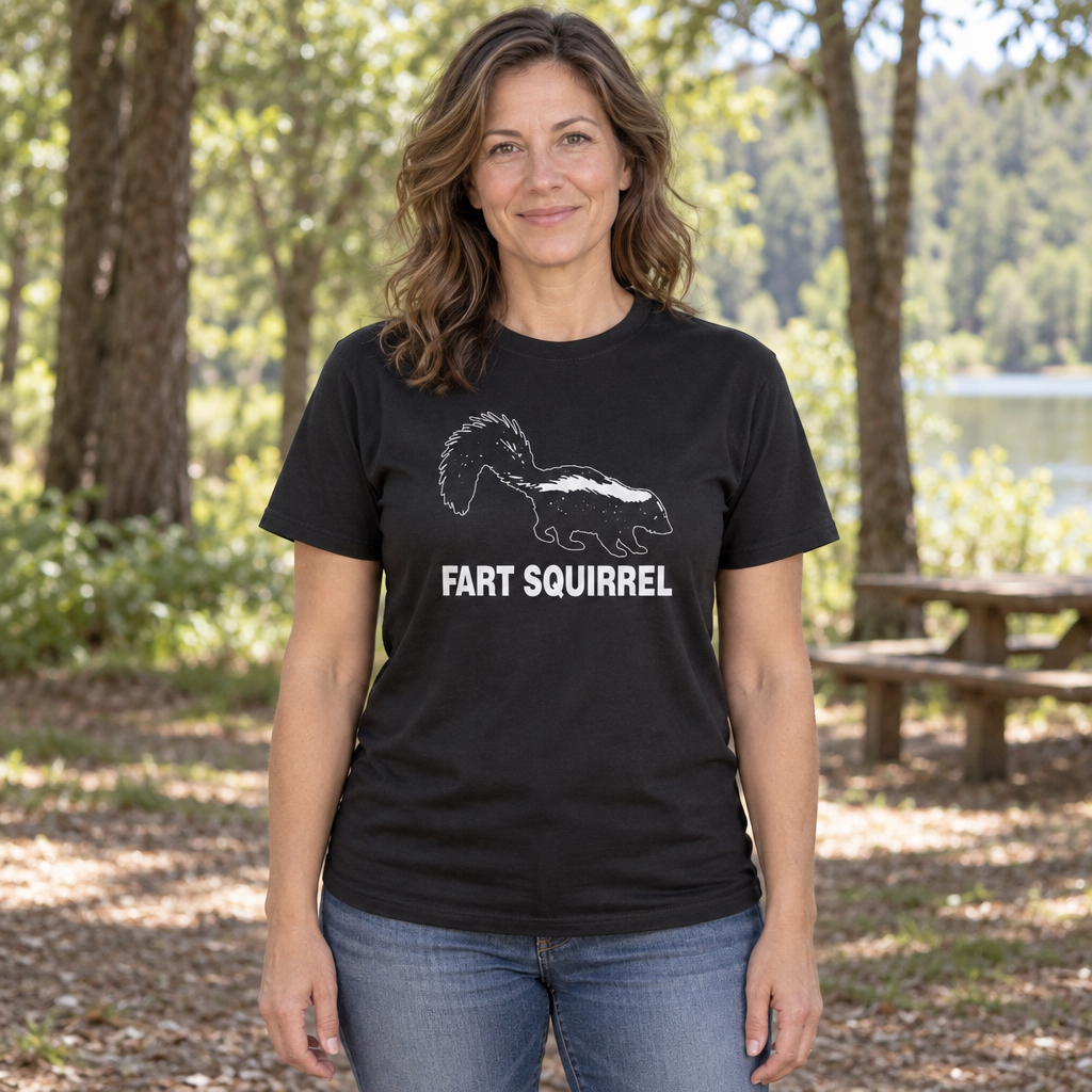 Fart Squirrel Skunk — Black T-Shirt — lifestyle hero