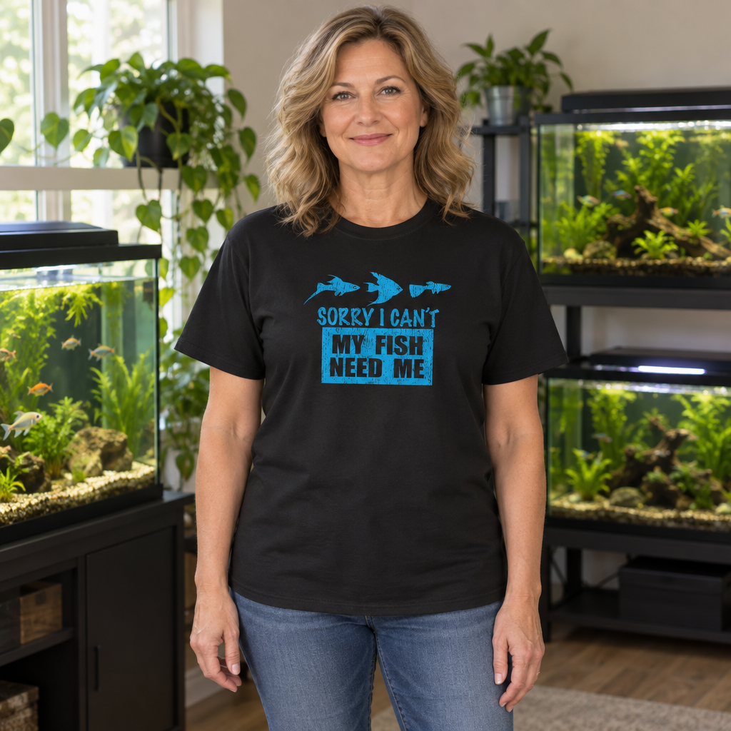 Sorry I Can't, My Fish Need Me — Black T-Shirt — lifestyle hero