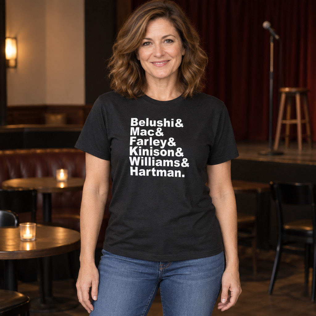 Comedy Legends Names — Black T-Shirt — lifestyle hero