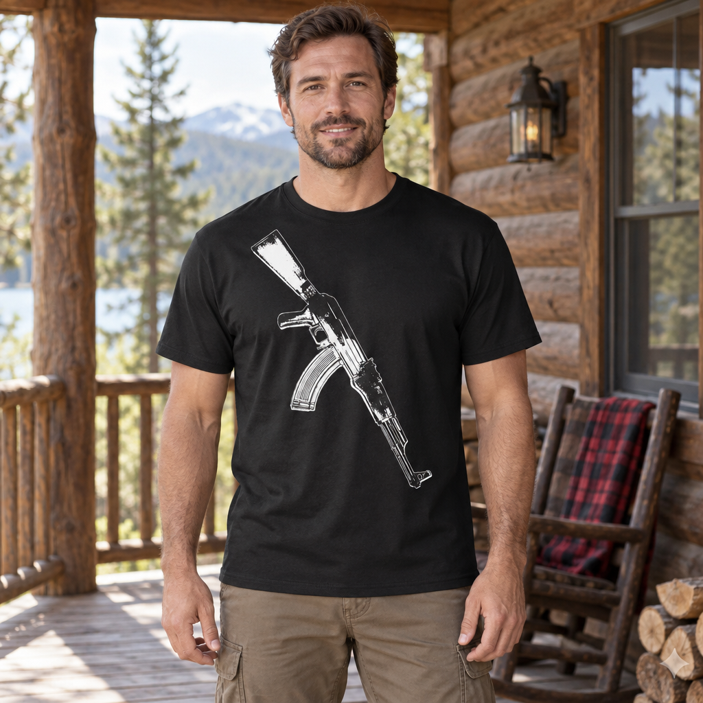 AK-47 Rifle Sketch — Black T-Shirt — lifestyle hero